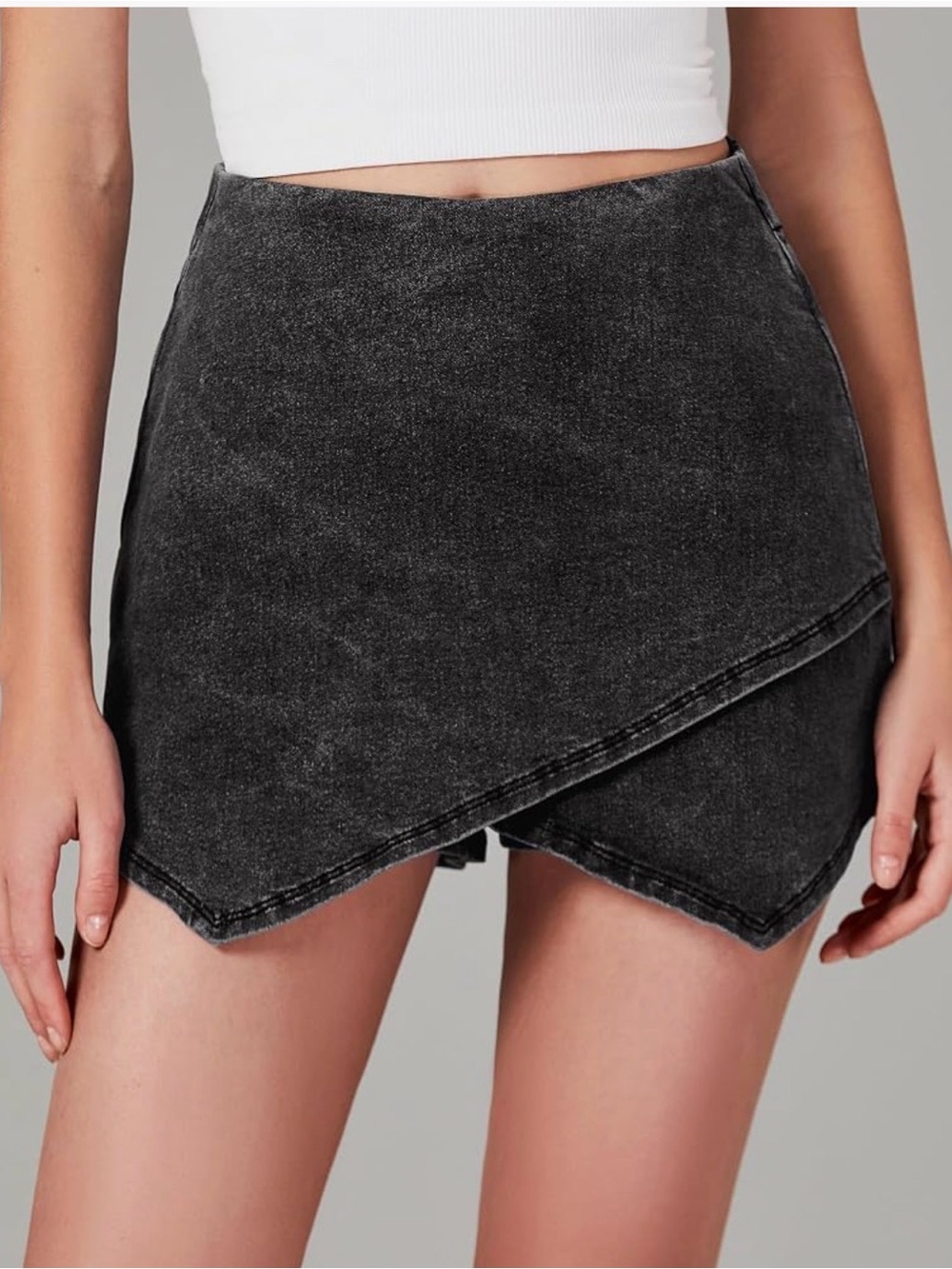 Asymmetrical Washed Black Denim Mini Skort